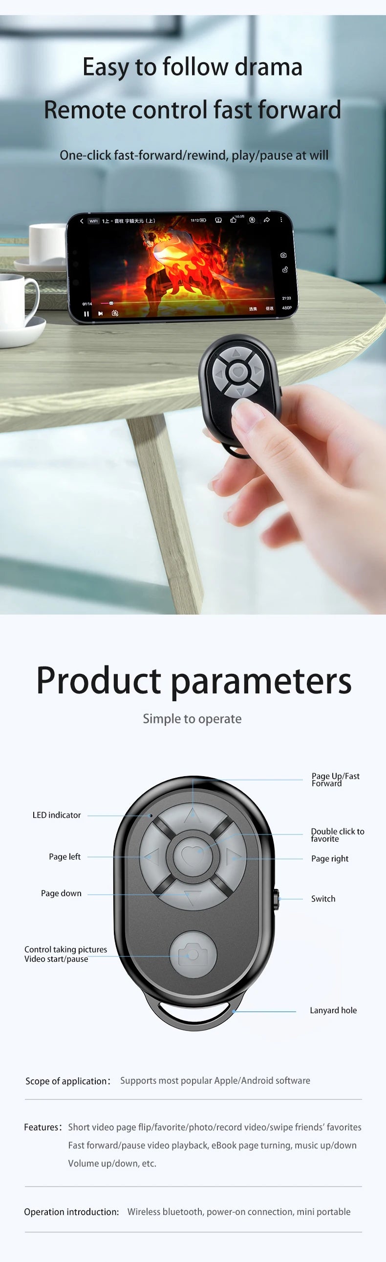 Bluetooth remote control for iPhone, Xiaomi, Android phones, featuring selfie stick compatibility and camera shutter function by I YAN.