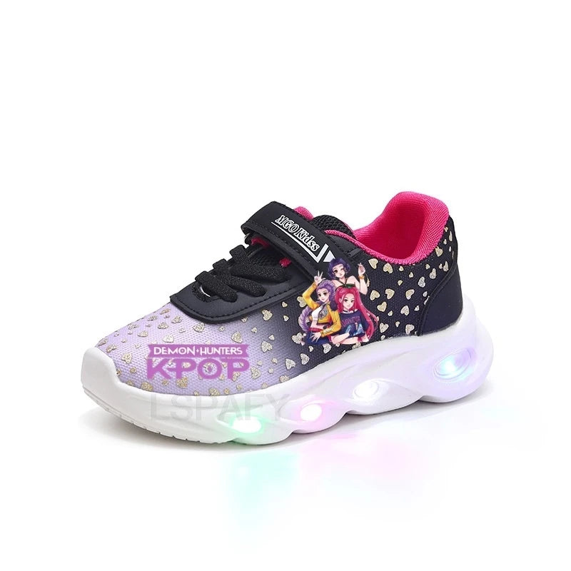 Kpop Demon Hunter LED Light Up Shoes 2026 Spring Autumn Mesh Soft Sole Cartoon Sneakers for Baby Girls Toddlers