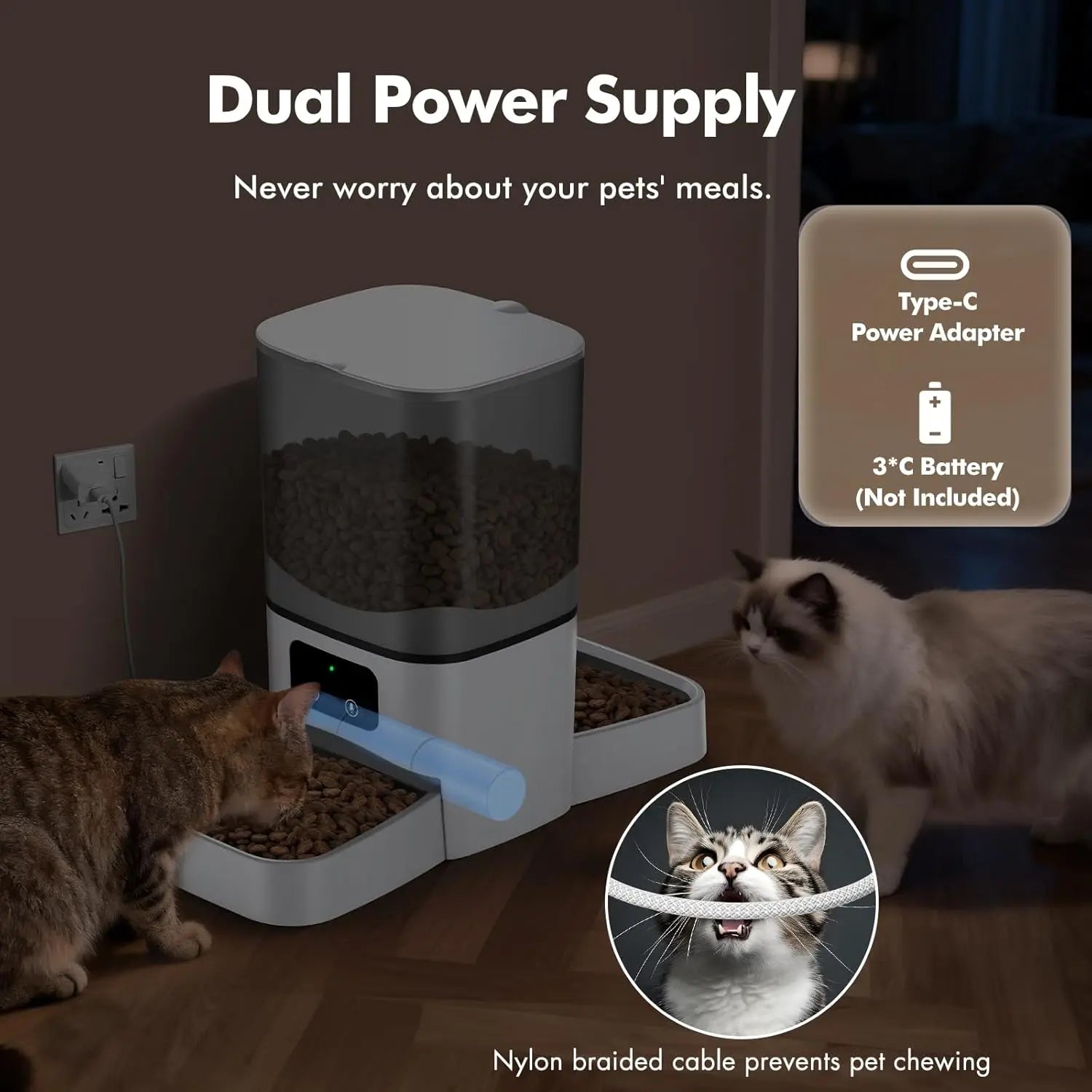 6L 25 Cup WiFi Smart Dual Bowl Auto Feeder for Two Cats, 2 Stainless Bowls APP Timed Feeding 10s Voice Reminder Dual Power Multi Pet