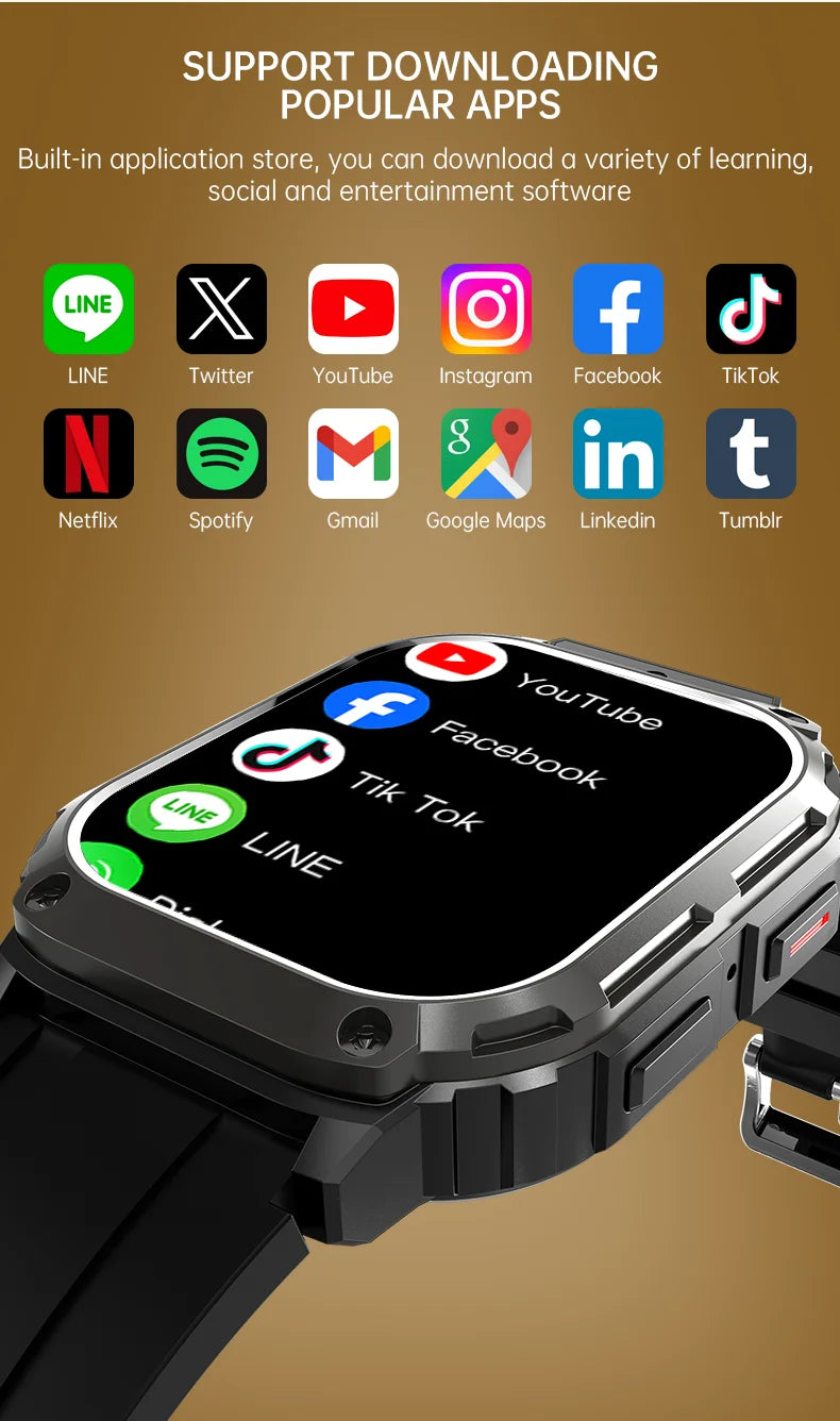 Smart Watch Android 4G SIM Card 1.96inch HD Screen with GPS WIFI Front Camera Video Call Sport Ourdoor for Men Women Kids