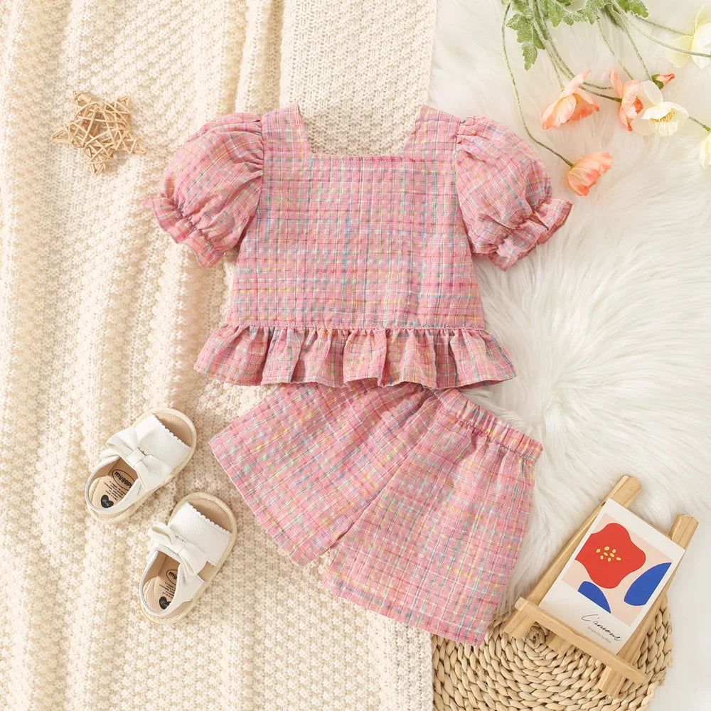 Cute baby girl summer cotton plaid bubble sleeve top and shorts set by I YAN for ages 0-3, featuring princess style and vibrant colors.