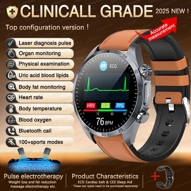 2026 New Pulse﻿ ECG+PPG Treatment Smart Watch Men Blood Lipid Uric Acid BP Body Fat Tired monitor Sports Health Call Smartwatch