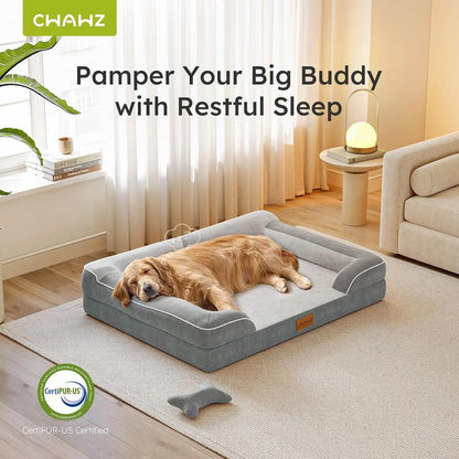 Light gray orthopedic dog bed with cooling gel memory foam and waterproof washable cover, 42-inch pet sofa by I YAN.