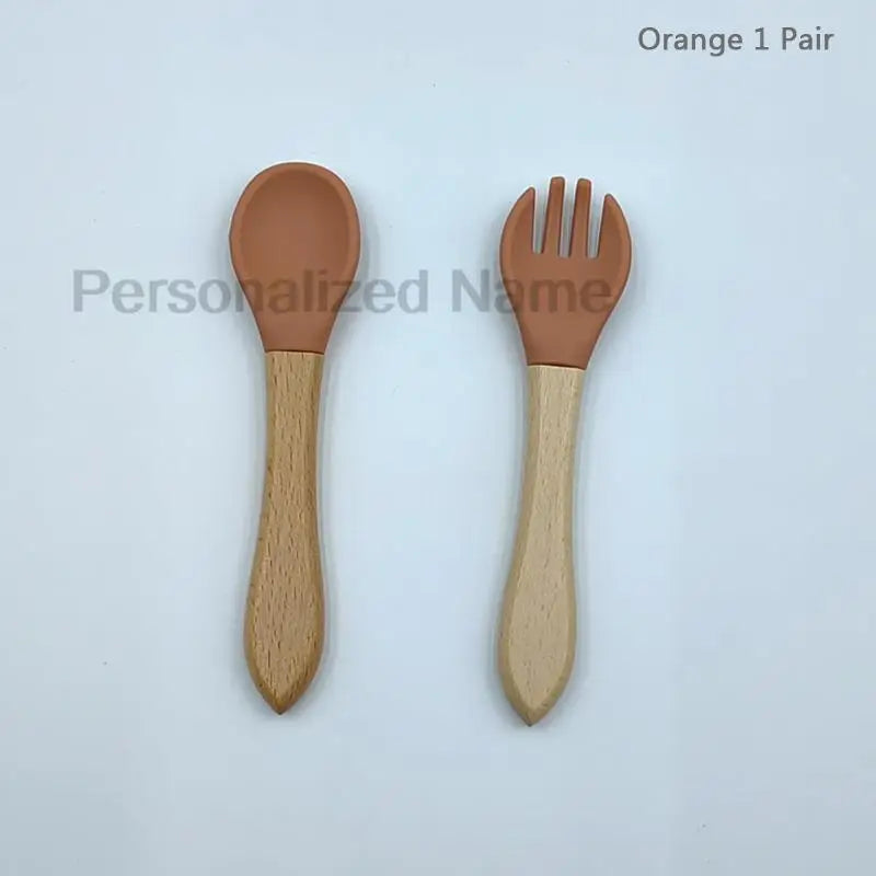 Baby Silicone Spoon & Fork Set – Soft BPA-Free Feeding Utensils with Wooden Handle - I YAN
