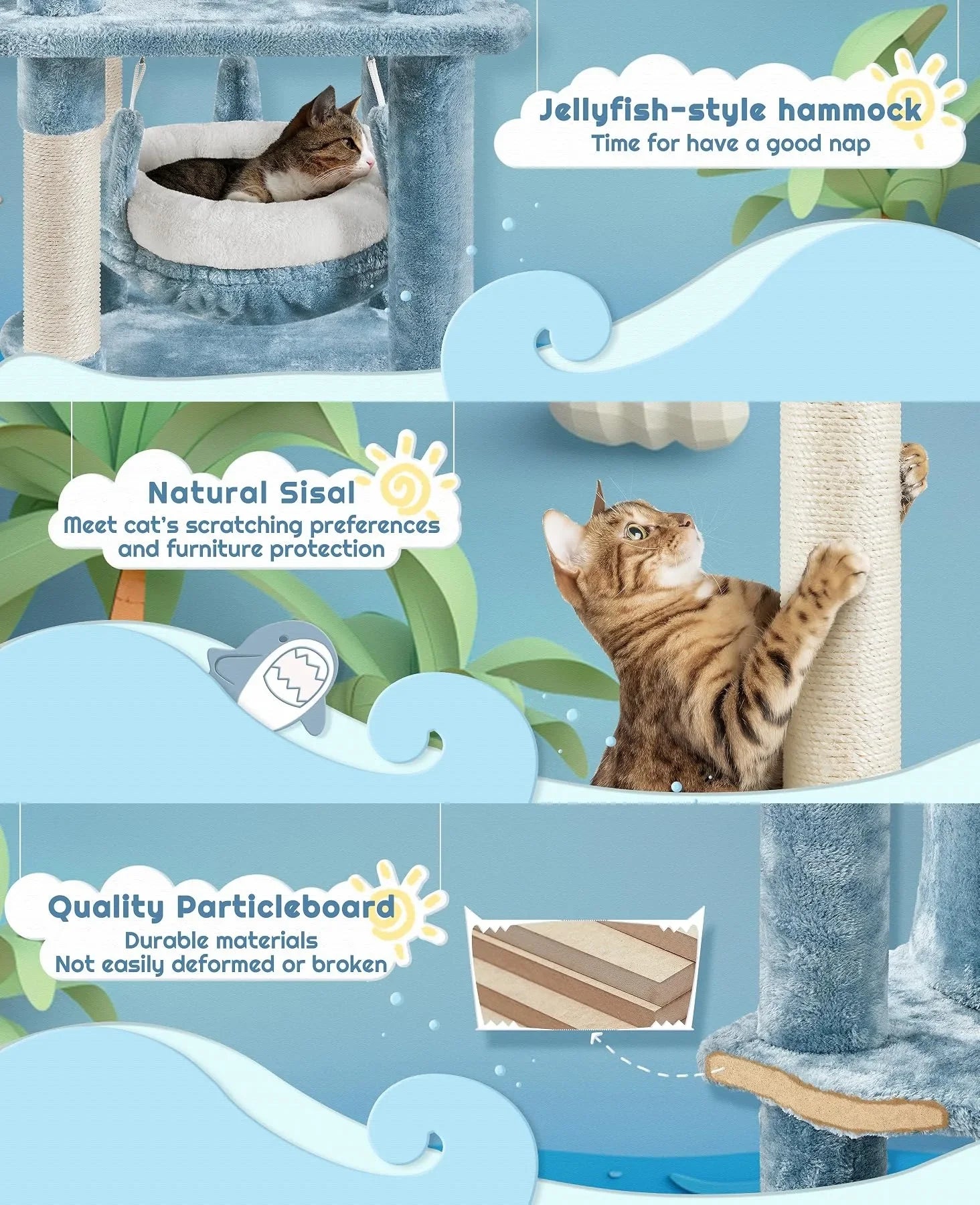 61in Ocean Cat Tree Tower with Shark Mouth Nest, Fish Platform, Sisal Posts, Plush Bed