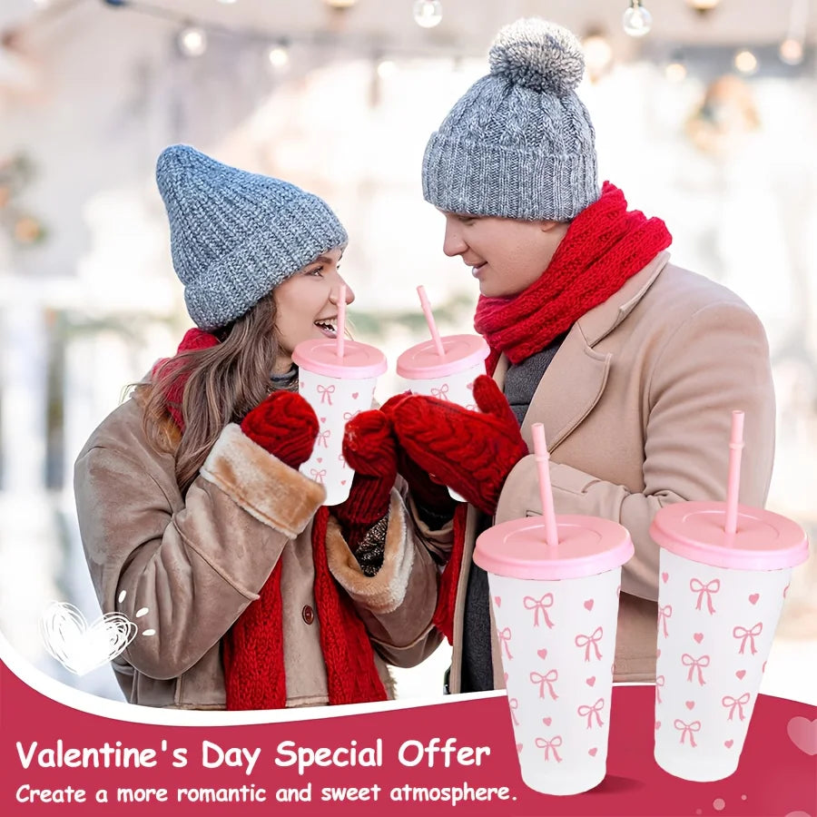 2/20pcs  Reusable Party Cups with Straw & Lid Cute Bow Plastic Tumblers for Cold Drinks Home Office Outdoor Use