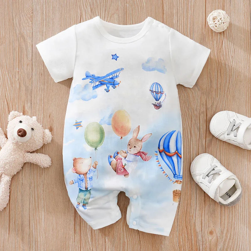 Baby Summer Bodysuit – Cute Cartoon Animal Print Short Sleeve Romper (0–18 Months) - I YAN