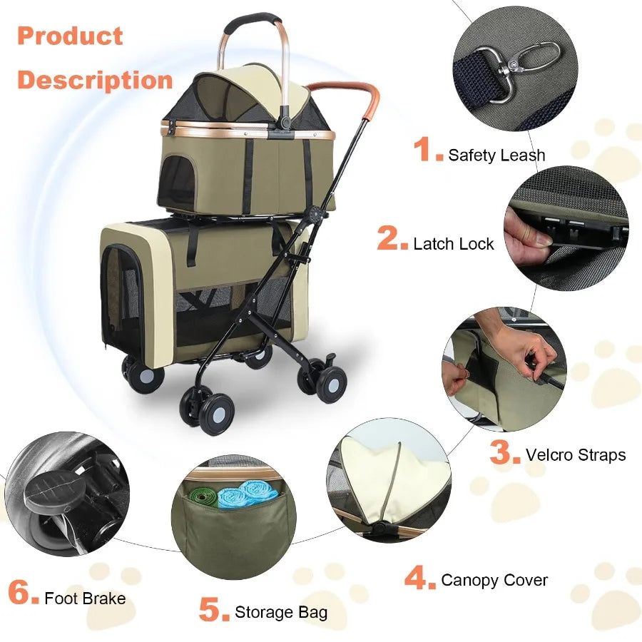 3-in-1Double Pet Stroller, Foldable Portable Pet Travel Strolling Cart for Medium Small Dogs Cats, up to 50lbs Dark Green