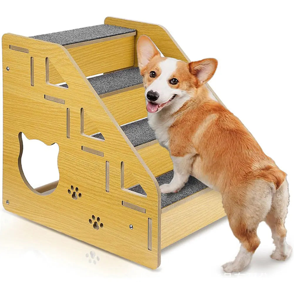 4-Step Wooden Pet Stairs Nonslip Carpeted Indoor Pet Steps Dog Stairs Ramp Wooden Pet Ladder for Dogs and Cats for Bed