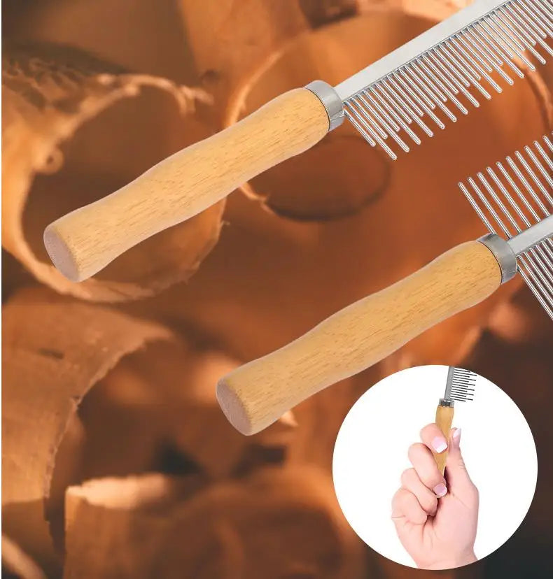 Stainless steel cat and dog comb with wood handle, pet hair remover and grooming brush for cats and dogs.