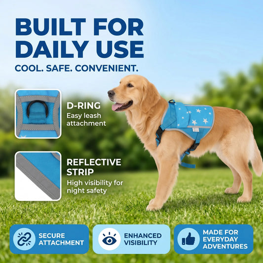 Large dog cooling vest harness with ice pack, reflective summer jacket by I YAN, featuring D-ring and breathable material.