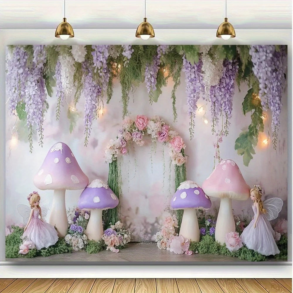 1 fantasy fairy photography background with purple mushrooms, charming forest atmosphere, and whimsical party decorationsL