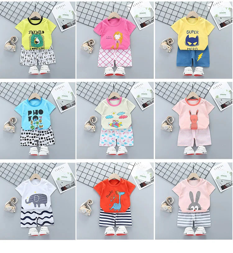 Two-piece children's summer T-shirt and shorts set by I YAN for boys and girls, featuring cotton fabric and short sleeves.