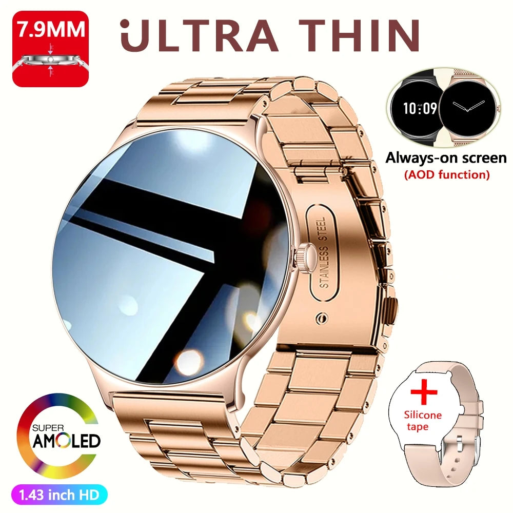 2026 New Ultra Slim AMOLED Smart Watch Women Screen Always Display Time Heart Rate BT Calling High-end Fashion Smartwatch