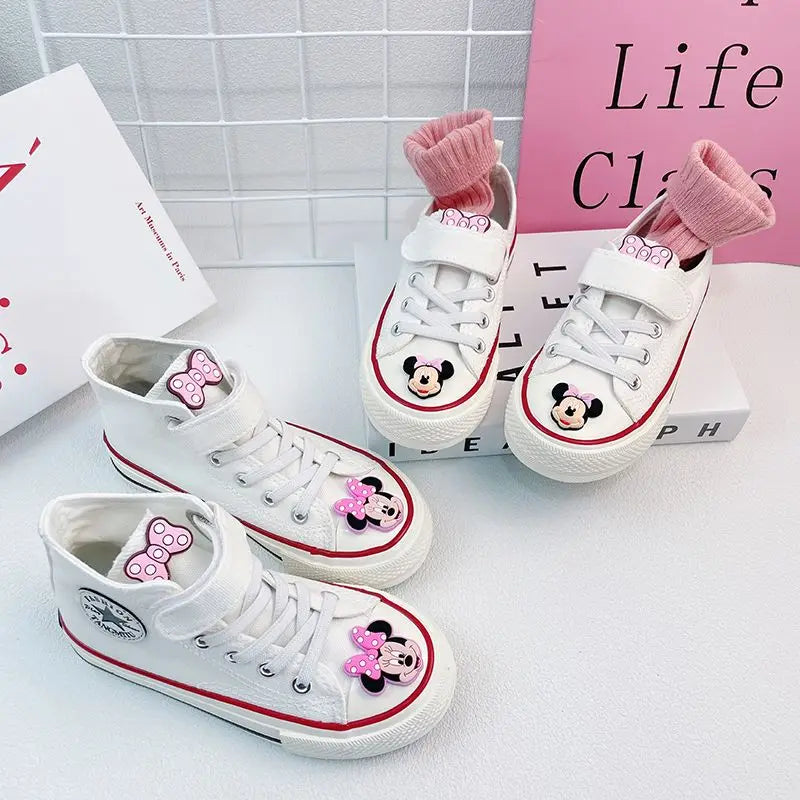 Disney Girls' Canvas Casual Shoes Soft Sole High Top Cartoon Mickey Mouse Minnie Purple White Breathable Shoes Flats Size 24-37