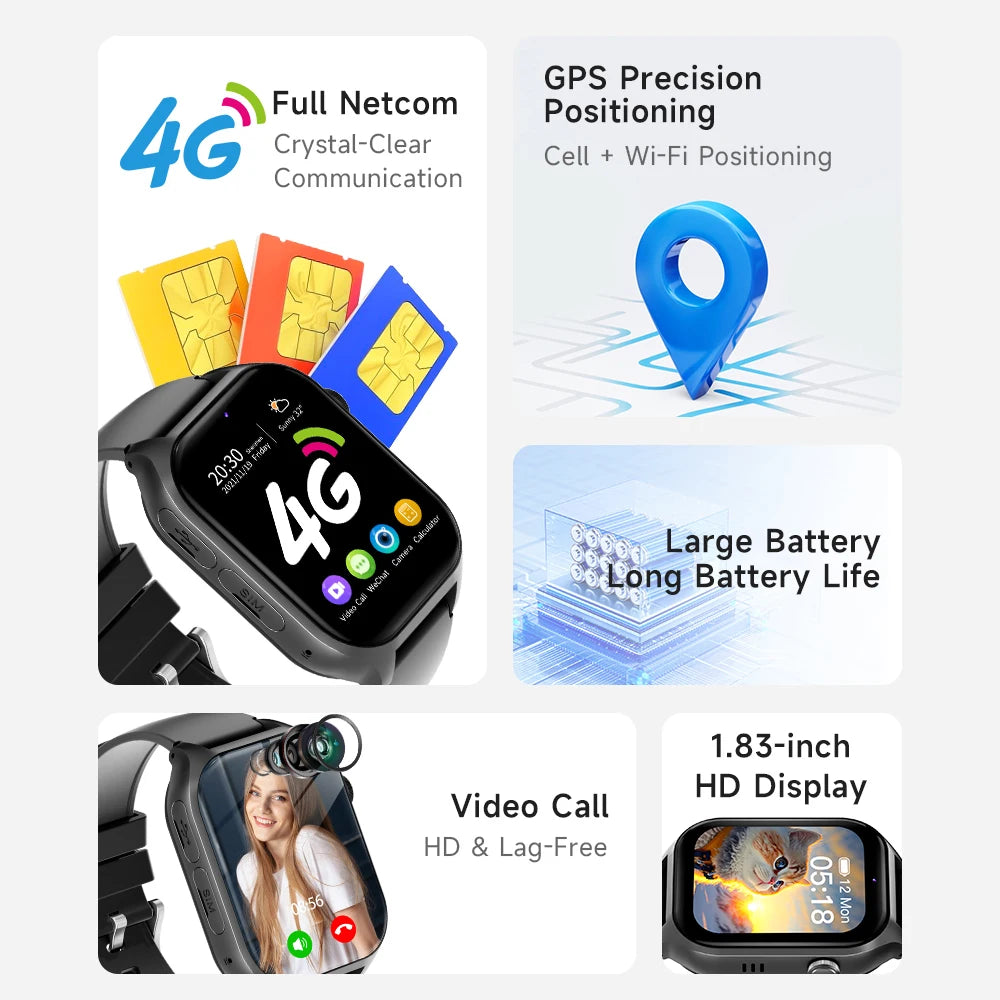 New Smart Watches 4G Kids GPS AGPS LBS SOS Music Playback Camera Smartwatch Waterproof Video Call 800mAh Boy Girl Children Gift