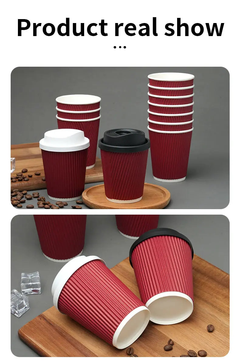 30pcs 8oz  Double-Walled Insulated Corrugated Cardboard Coffee Cups Thickened Disposable Striped Portable Paper Cups With Lids