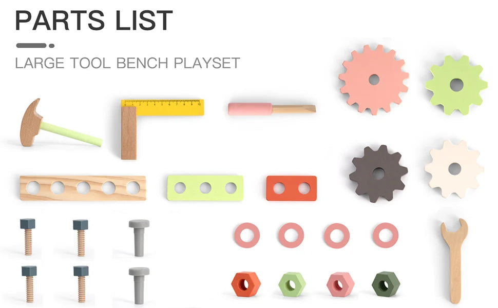 Mini wooden robotime tool bench set with toy tools for kids, featuring construction and pretend play elements for boys and girls.