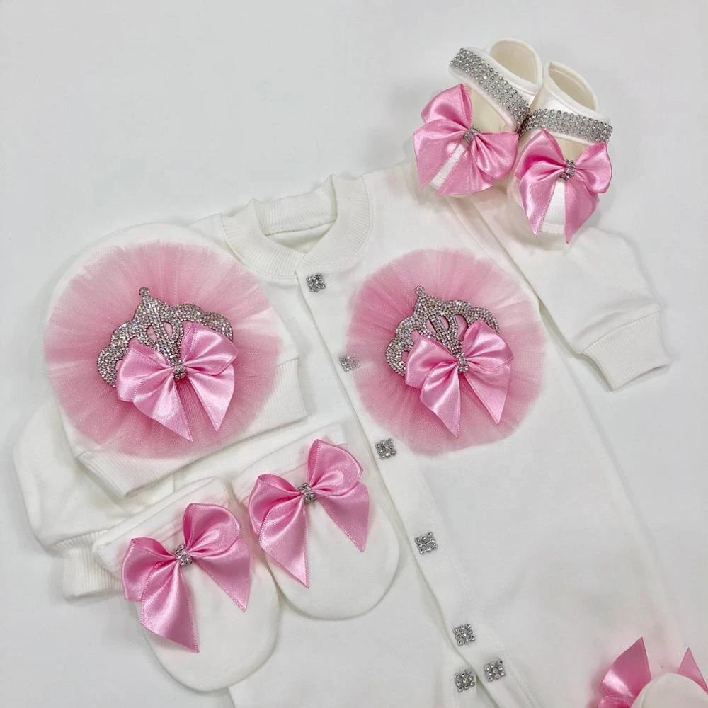Luxury Newborn Baby Romper Set 4-Piece – Crystal Crown Layette for Photography & Coming Home - I YAN