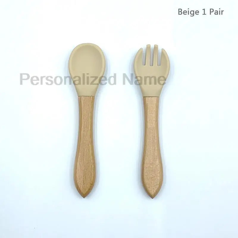 Baby Silicone Spoon & Fork Set – Soft BPA-Free Feeding Utensils with Wooden Handle - I YAN