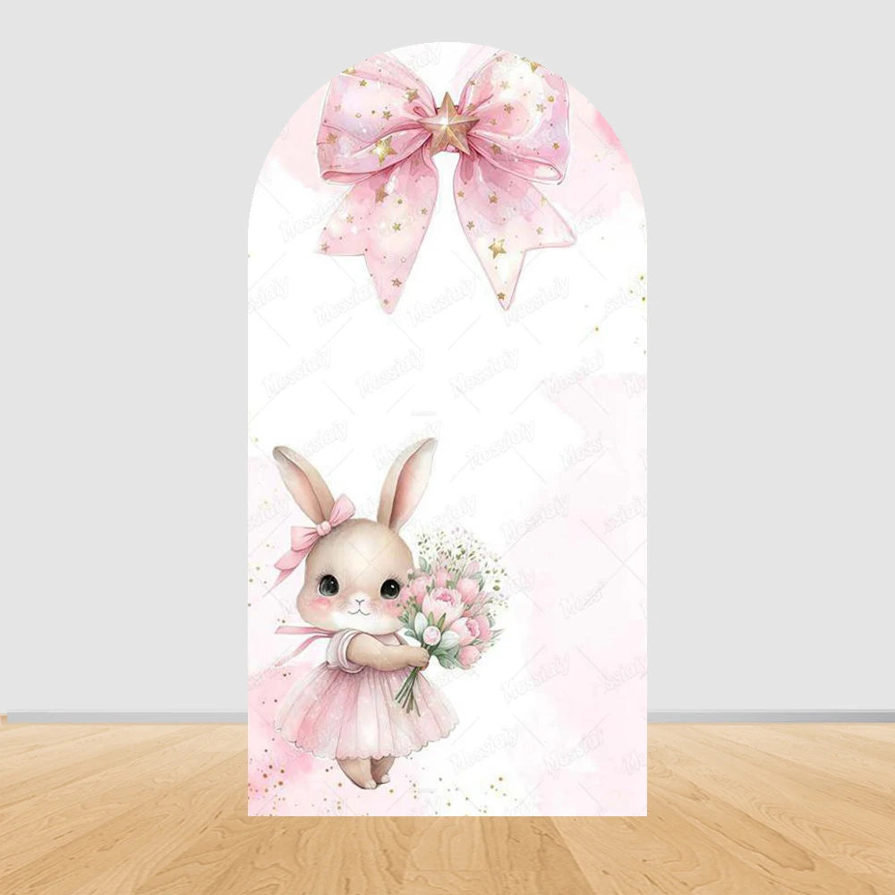 Little Rabbit Pink Flower Bow Baby Girl Birthday Party Arch Backdrop Cover Bunny Baby Shower Arched Photo Background Decor Props