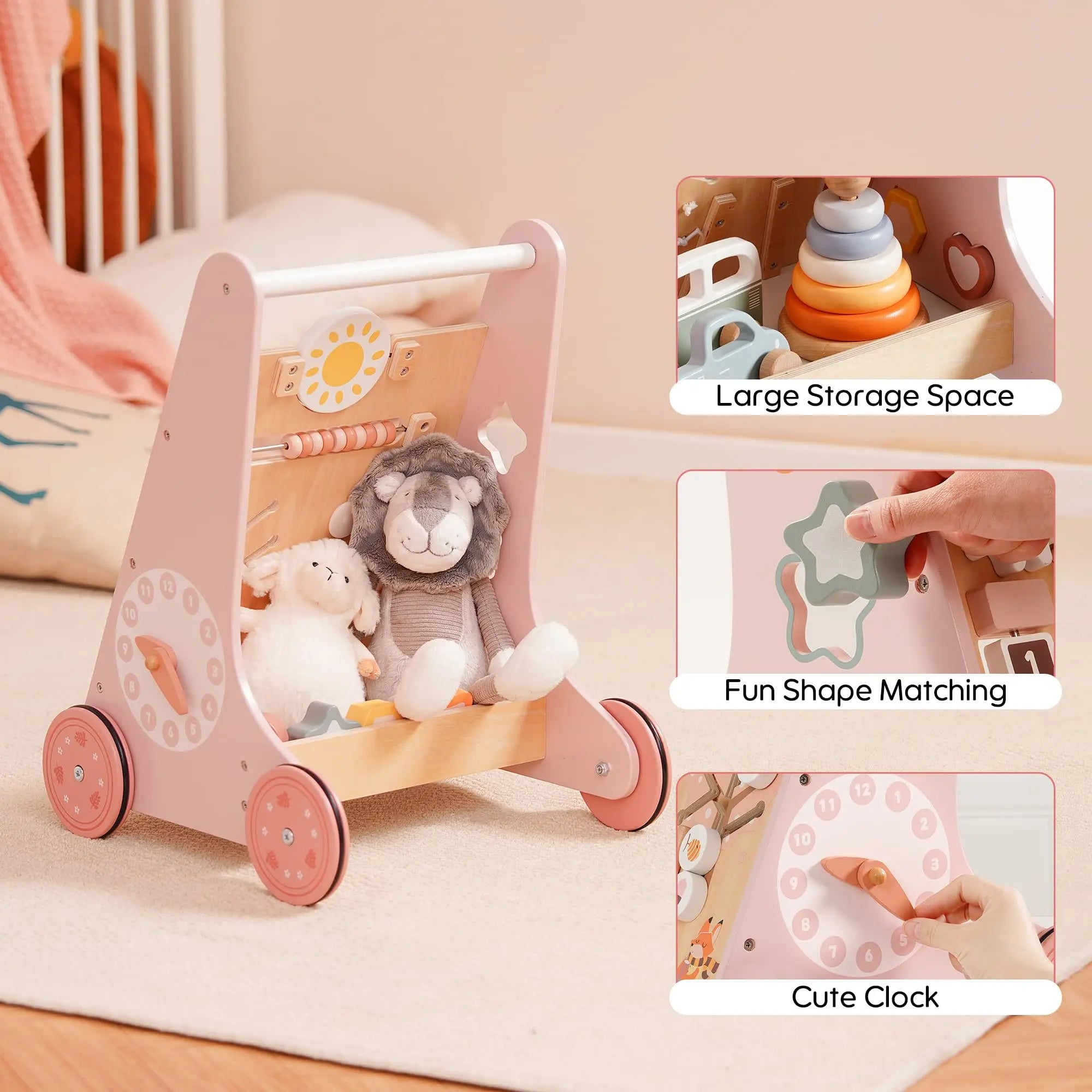 Robud wooden baby walker by I YAN with activity center, storage, and Montessori design for boys and girls, suitable for early walkers.