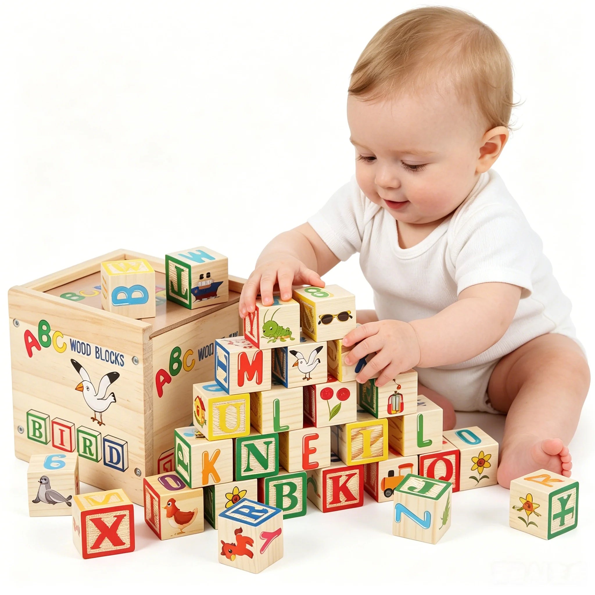 Montessori Wooden Alphabet Blocks Early Educational Stacking Toys Alphabet Number Animal Cognition Learning Blocks For Todders