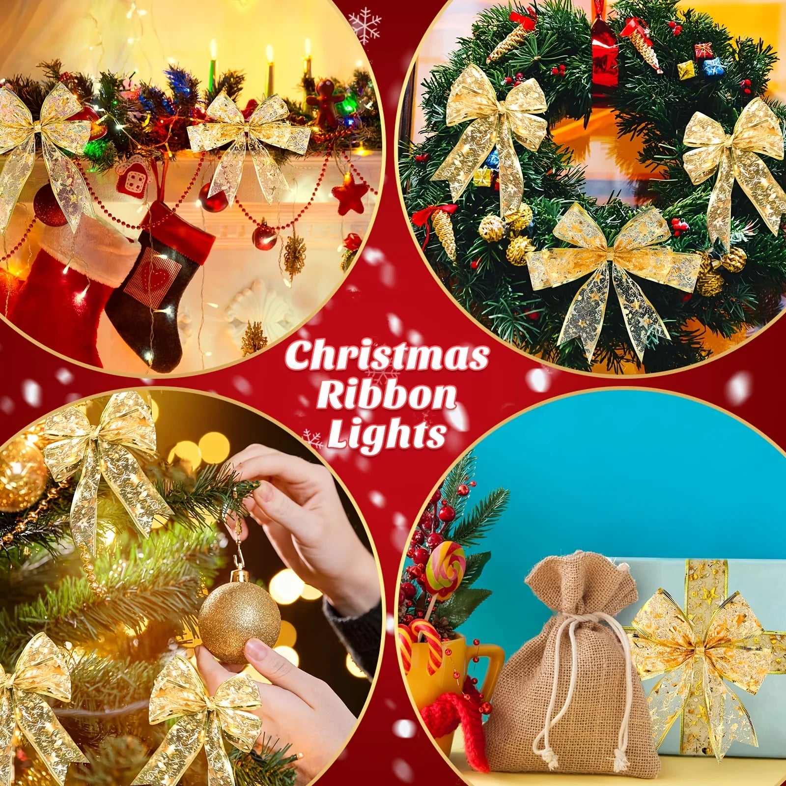 Christmas Ribbon Fairy Lights Golden Lighted Ribbon Garland Warm White LED for Christmas Tree Indoor Party Decoration