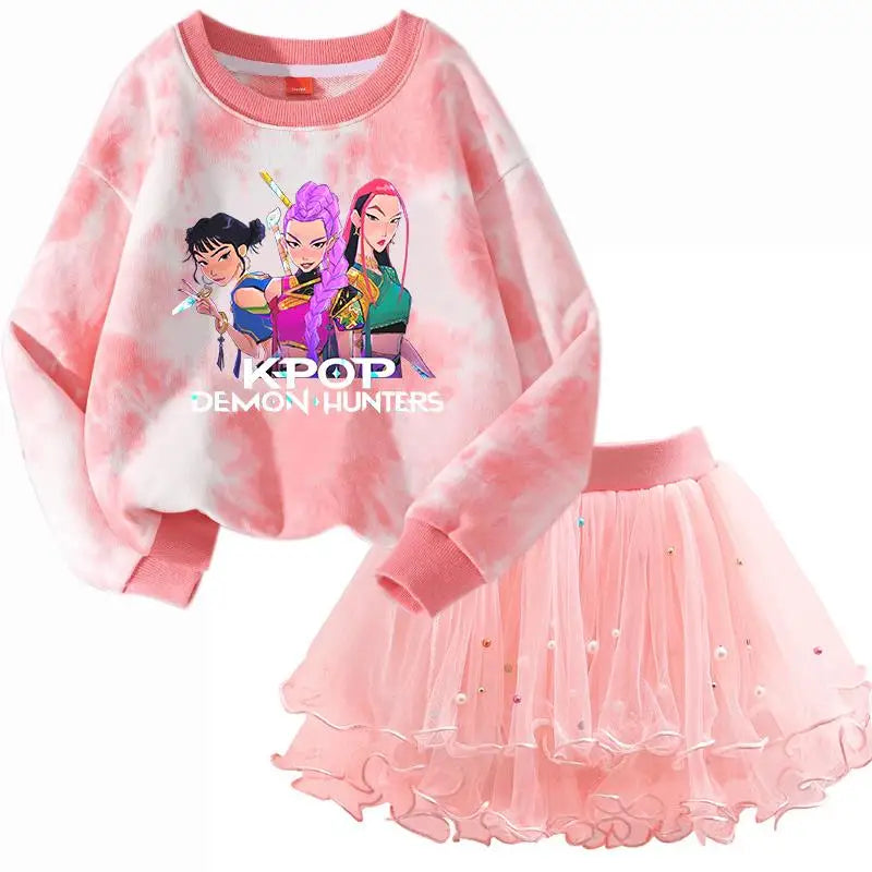 K-Pop Hunters Zoey Mira Rumi Children Sweaters Girls Tie-dye Sweatshirt Pink Pullovers Kids Tops Tulle Princess Dresses Suit
