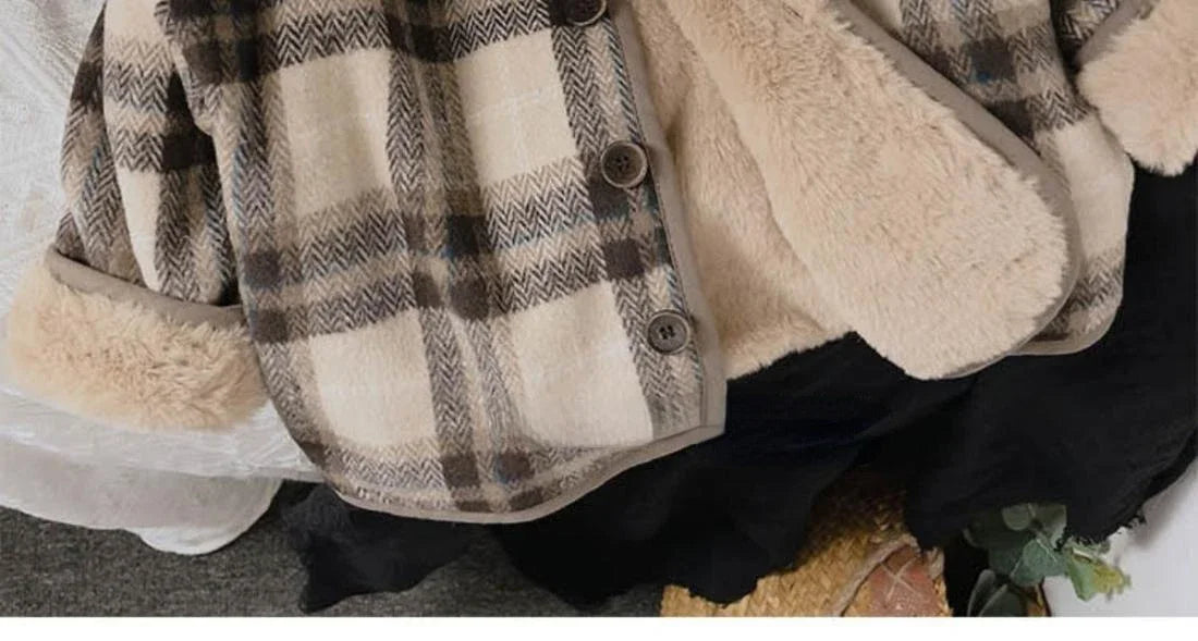 Woolen Plaid Children's Plush Coat Korean Version Autumn and Winter New Boys' and Girls' Coats Loose Baby Cotton Padded Clothes