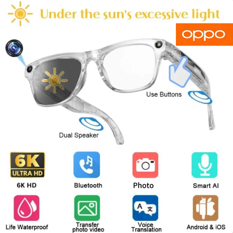 OPPO 4K HD AI Smart Glasses Photochromic Multifunction Bluetooth Calling Photo ChatGPT Music Control Translation Sunglasses NEW