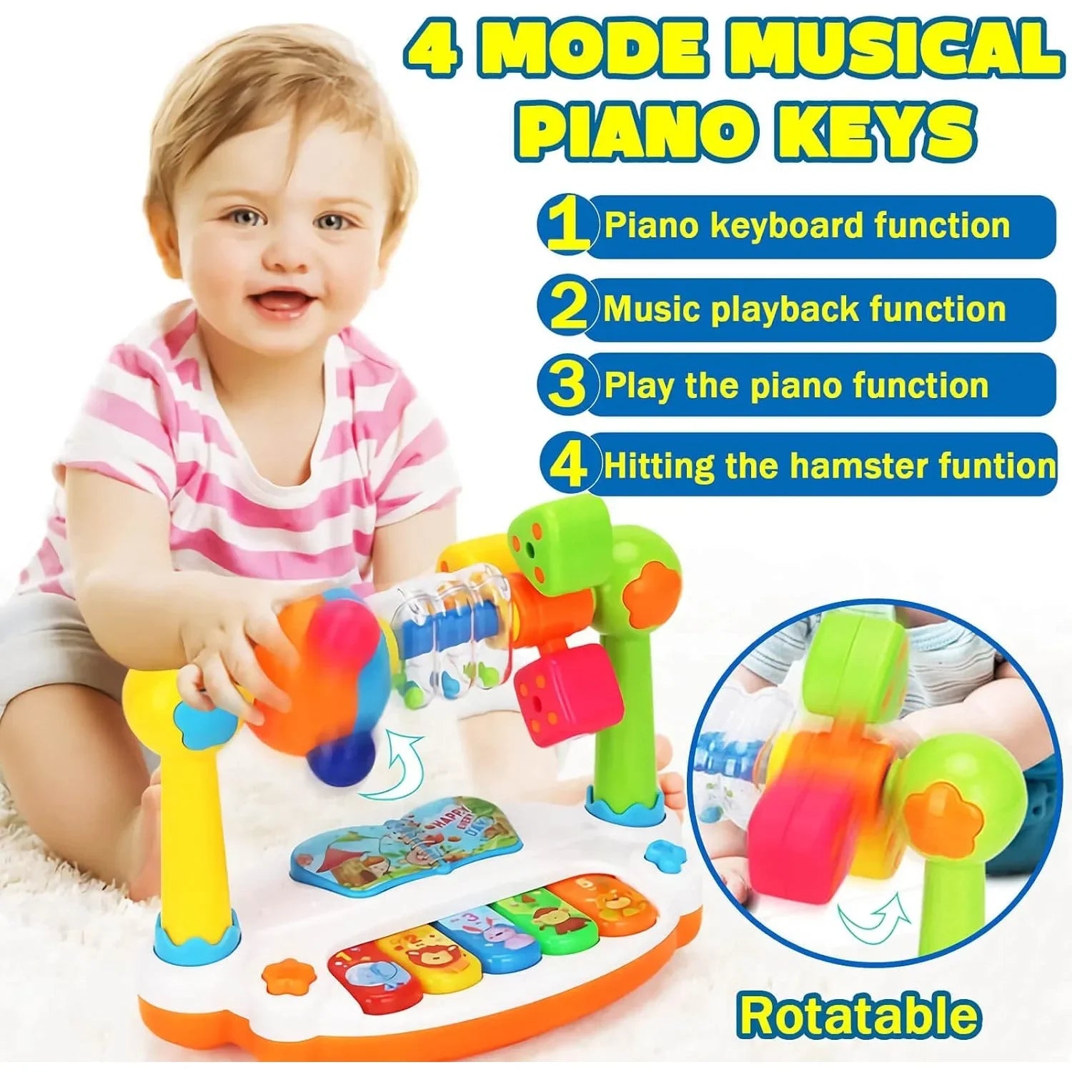 I YAN baby piano toy with rotating musical keyboard, colorful lights, and sounds for toddlers aged 4-6.