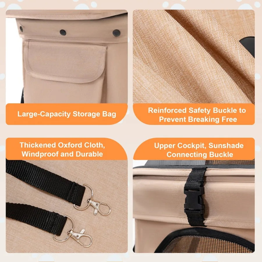 Double Layer Pet Stroller, Foldable Portable Medium Small Cat and Dog Carrier, Breathable Mesh Window, Stable Lightweight 4-Whe