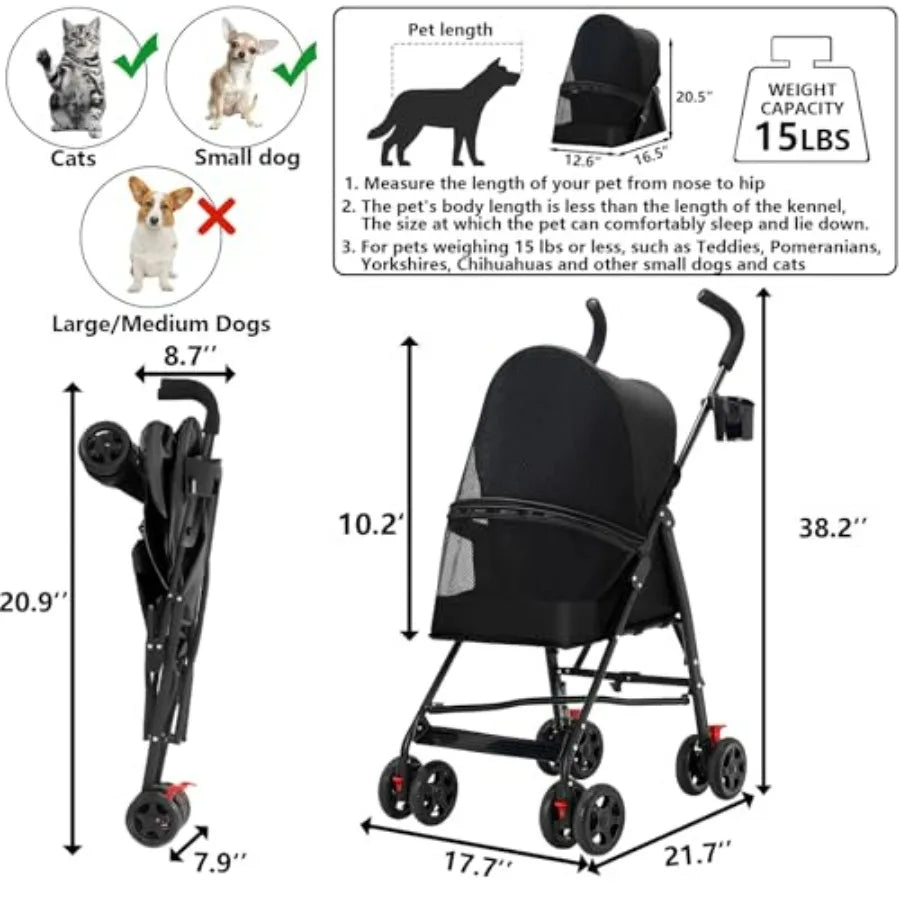 Pet Stroller with Mesh Ventilation, Lightweight Foldable Design, Cup Holder