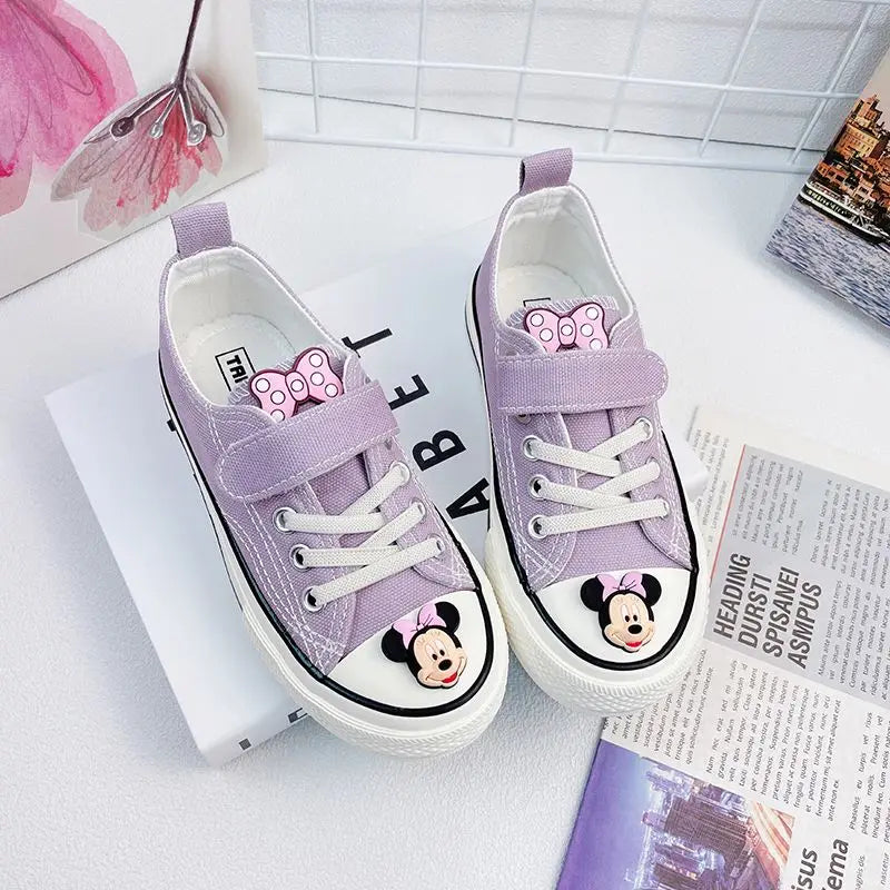 Disney Girls' Canvas Casual Shoes Soft Sole High Top Cartoon Mickey Mouse Minnie Purple White Breathable Shoes Flats Size 24-37