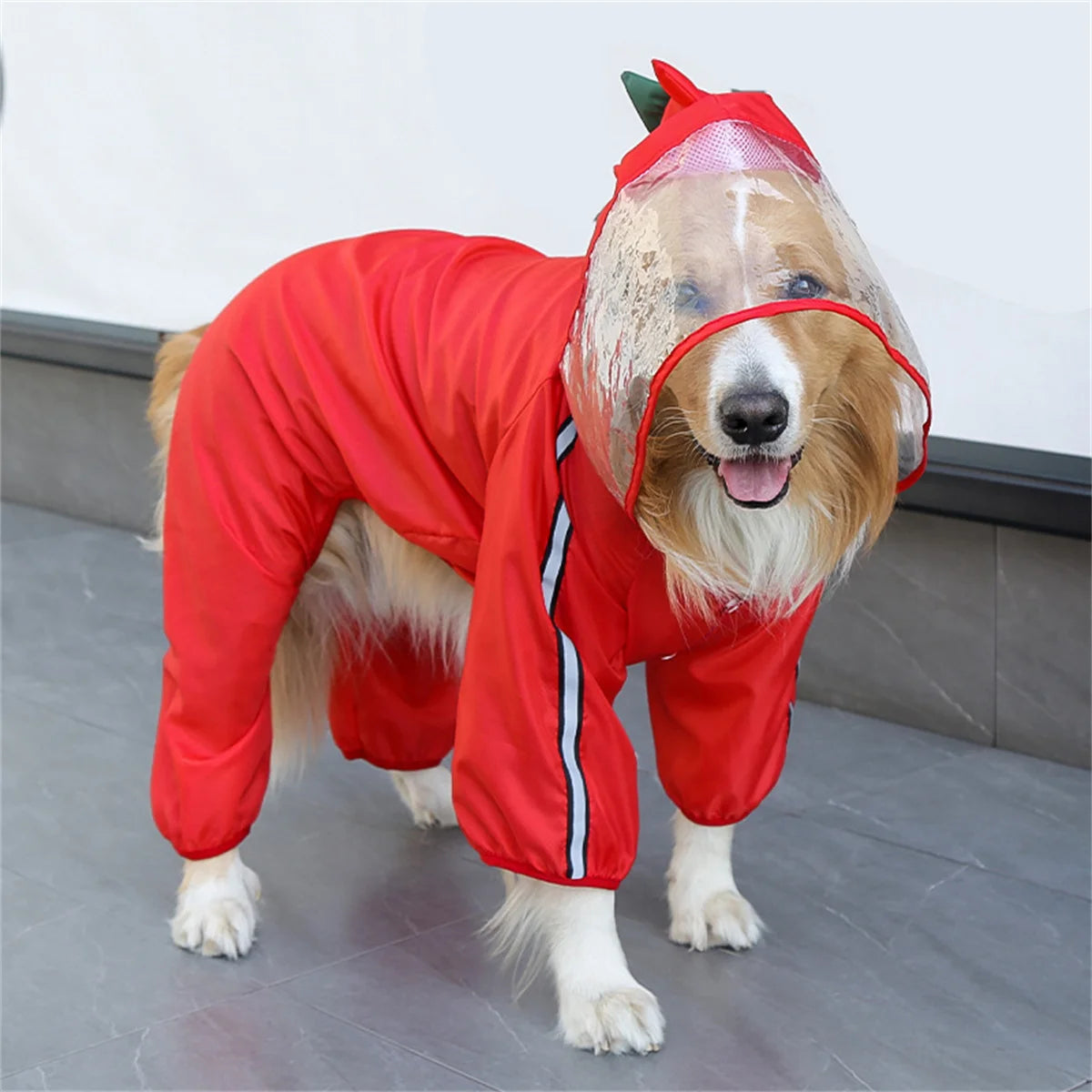 I YAN Frog dog raincoat with waterproof hood, reflective strip, and vibrant green color for outdoor protection during rain.