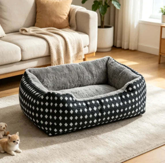 Small Cuddler Pet Bed for Cats and Dogs Soft Plush Washable Black and White Diamond Pattern 19x15 Inches Cozy Sleeping Cushion