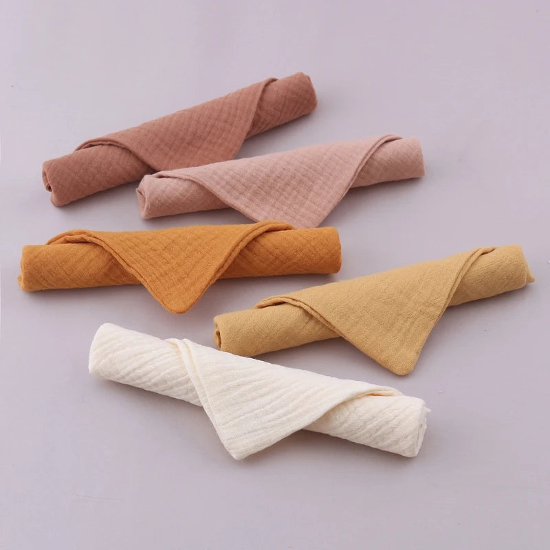 Set of 5 I YAN square cotton baby face towels and burp cloths with soft, absorbent gauze for infants and kids.