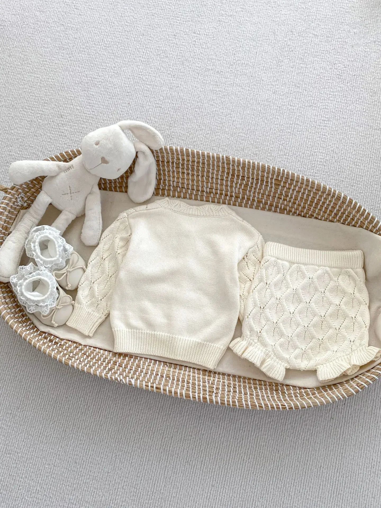 Baby Girl Knit Cardigan & Shorts Set – Hollow-Out Sweater 2-Piece Outfit - I YAN