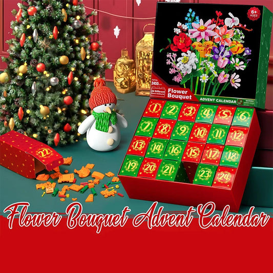 I YAN 24 Days Flower Bouquet Building Blocks Christmas Advent Calendar featuring sunflower designs for holiday countdown decoration.