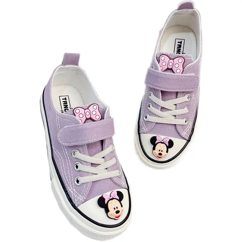 Disney Girls' Canvas Casual Shoes Soft Sole High Top Cartoon Mickey Mouse Minnie Purple White Breathable Shoes Flats Size 24-37