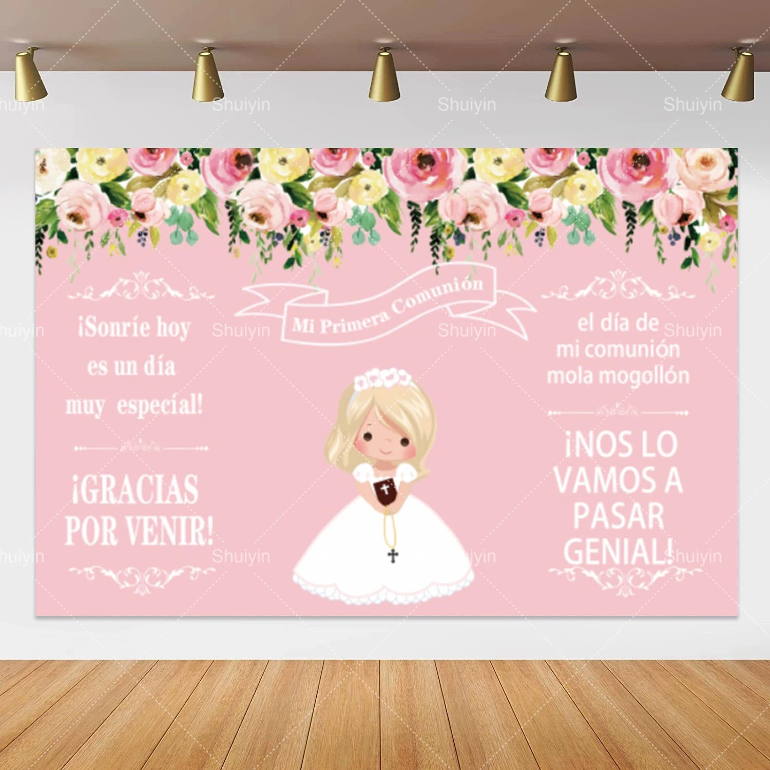Boy Girl First Communion Backdrop Gold Cross Grail God Bless Baptism Party Decor Background Christening Baby Shower Photo Props
