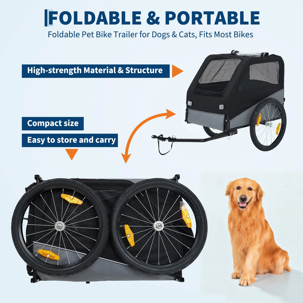 Foldable I YAN dog bike trailer with steel frame, Oxford fabric, mesh window, reflectors, suitable for medium to large dogs and cats.