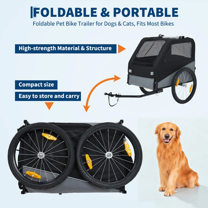 Foldable I YAN dog bike trailer with steel frame, Oxford fabric, mesh window, reflectors, suitable for medium to large dogs and cats.