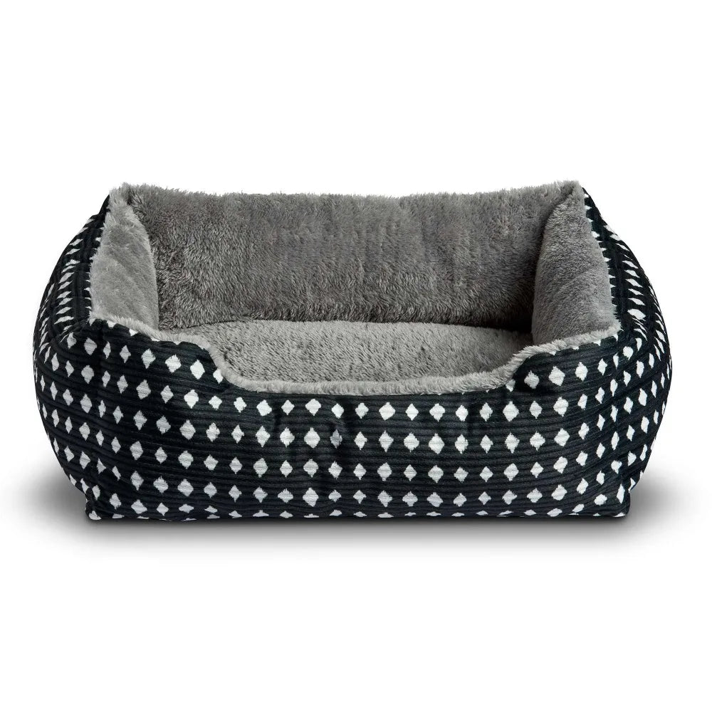 Small Cuddler Pet Bed for Cats and Dogs Soft Plush Washable Black and White Diamond Pattern 19x15 Inches Cozy Sleeping Cushion