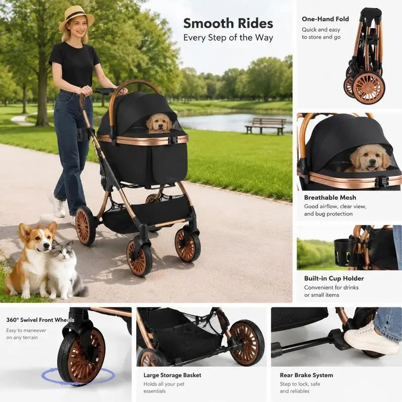 3-in-1 Foldable Pet Stroller with Canopy and Safety Belt, Portable Dog Cat Carrier for Small Medium Pets Up To 55 Lbs, Outdoor Walking Travel Gear, Black