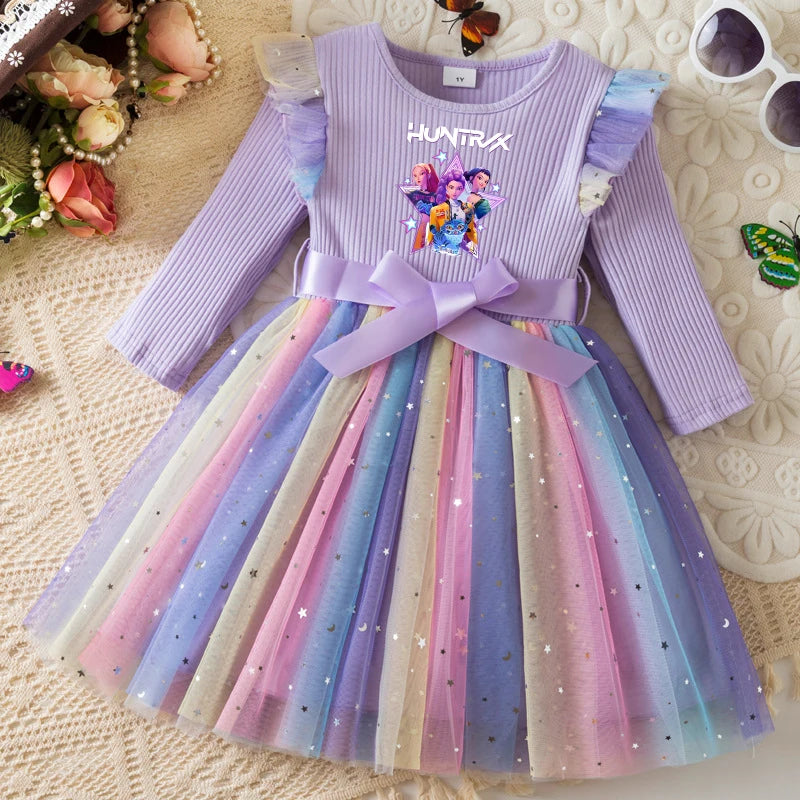 K-Pop Hunters Rainbow Princess Dress for Girls Sequin Birthday Party Mesh Dress for Baby Casual Long Sleeve Girls Dresses 1-5Y