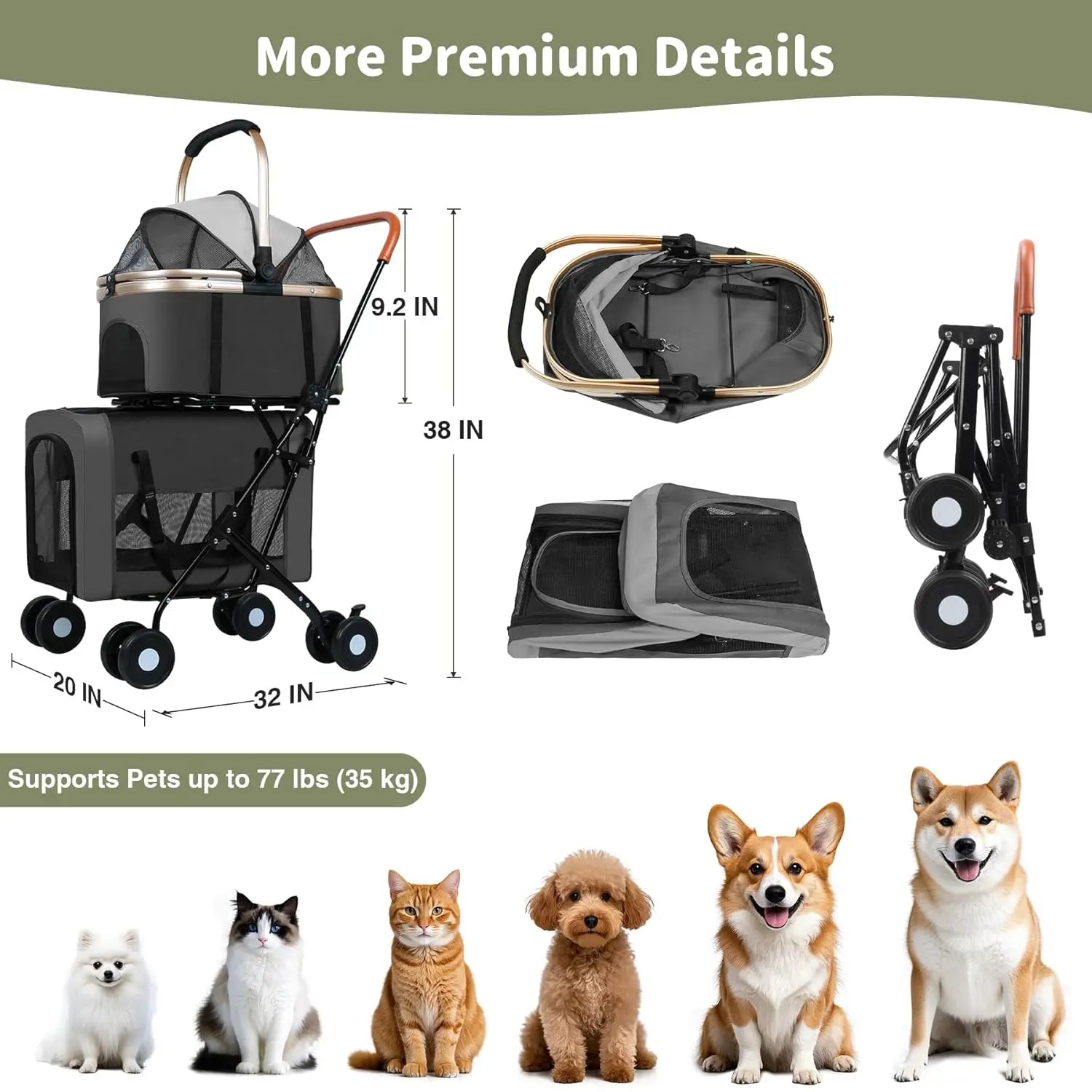 Double Pet Stroller for Dogs & Cats: Foldable Travel Carriage with Detachable Carriers, Safety Belts, 4 Lockable Wheels for Small to Medium Pets, Multi-Pet Home