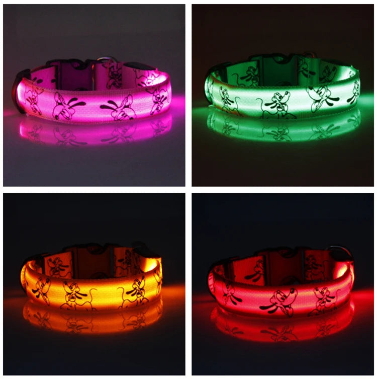 Bright LED dog collar by I YAN featuring luminous nylon material for nighttime safety and visibility on pets.