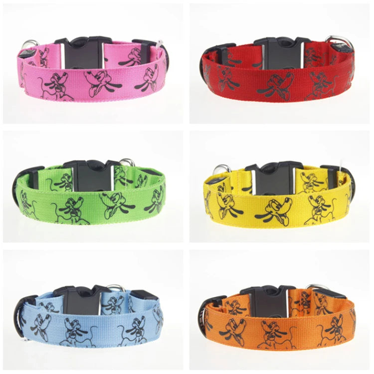 Bright LED dog collar from I YAN with glowing luminous nylon design for night safety and visibility on pets.